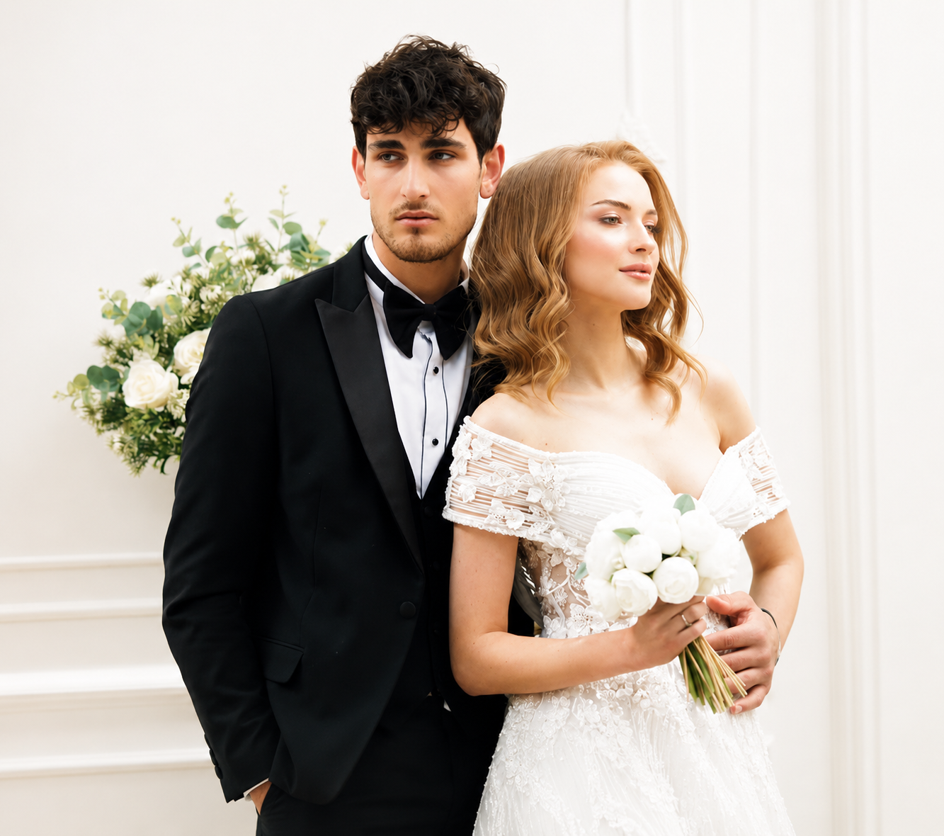 A couple in formal wedding attire